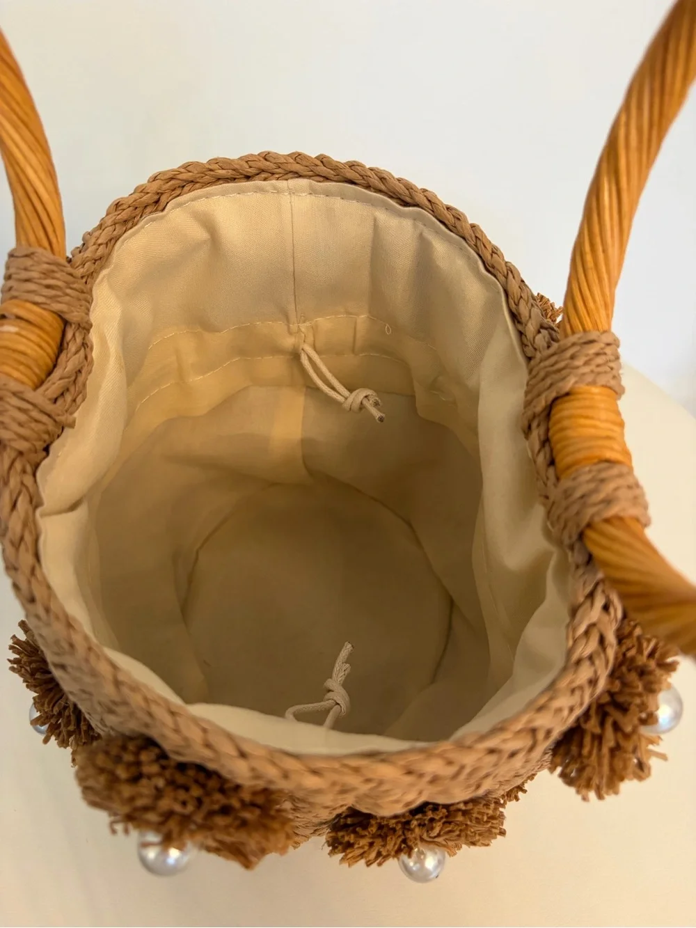 Handwoven Brown Raffia Basket Bag with Pearl Accents